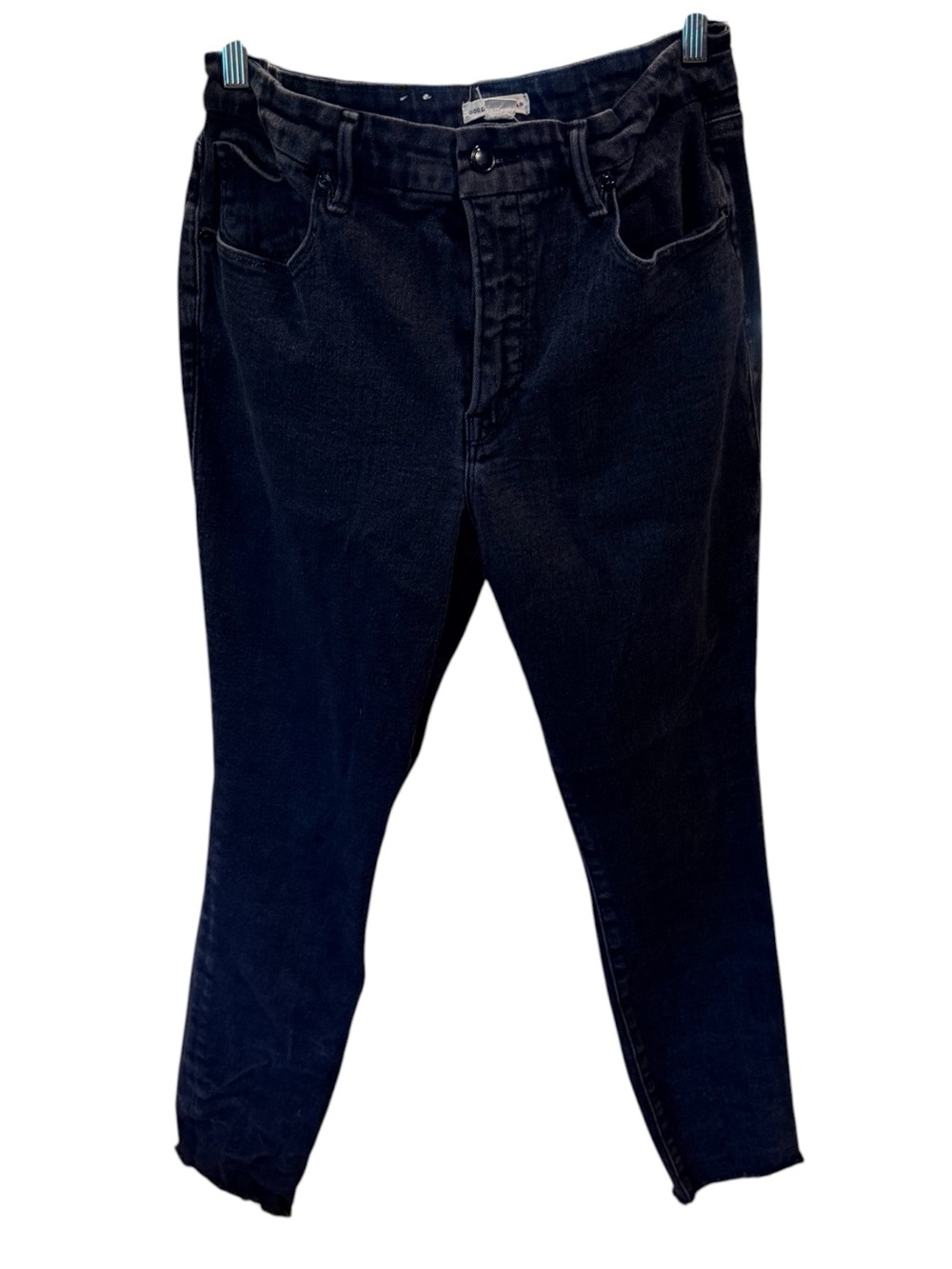 Good American Black Skinny Ankle Jeans High Rise Raw Hem Size 14 32